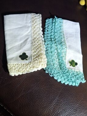 Vintage Irish Linen Crochet  Trim Handkerchiefs - Cream & Mint Edge